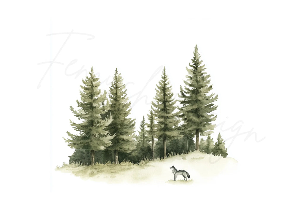 Forest Wolves and Pine Trees Clipart Bundle