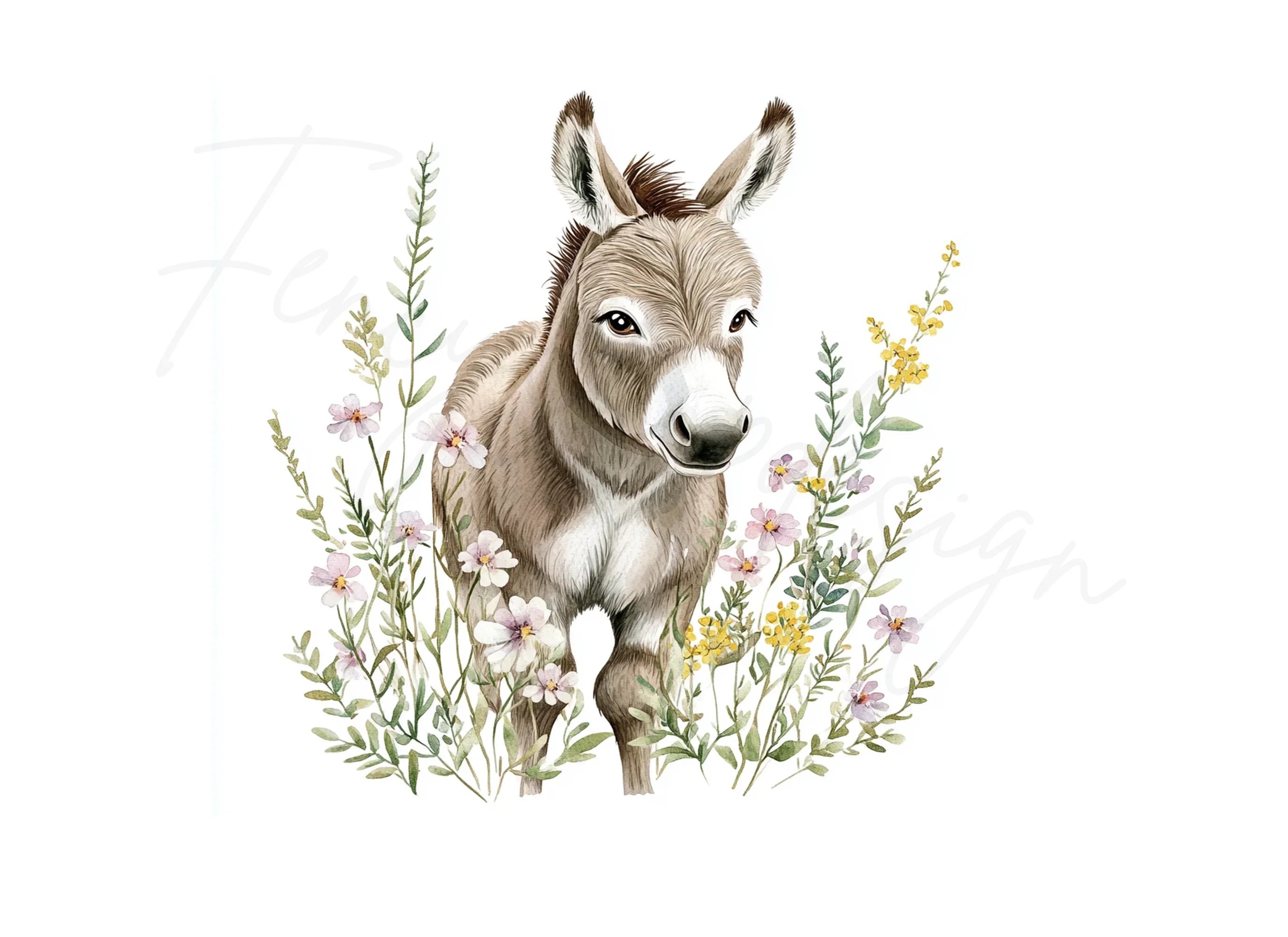 Sweet Baby Donkeys in Wildflower Fields Clipart Bundle