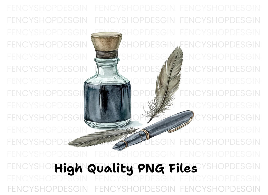Vintage Inkwell and Quill Pen Clipart Bundle