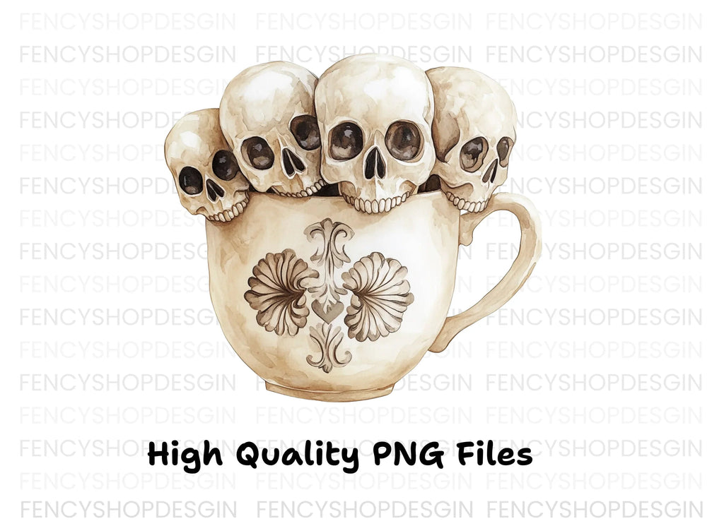 Skulls in Teacup Illustration Clipart Bundle