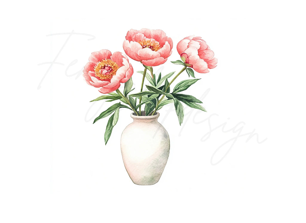 Pink Peonies in White Vase Clipart Bundle