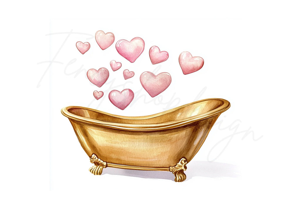 Golden Bathtubs with Pink Hearts Clipart Bundle