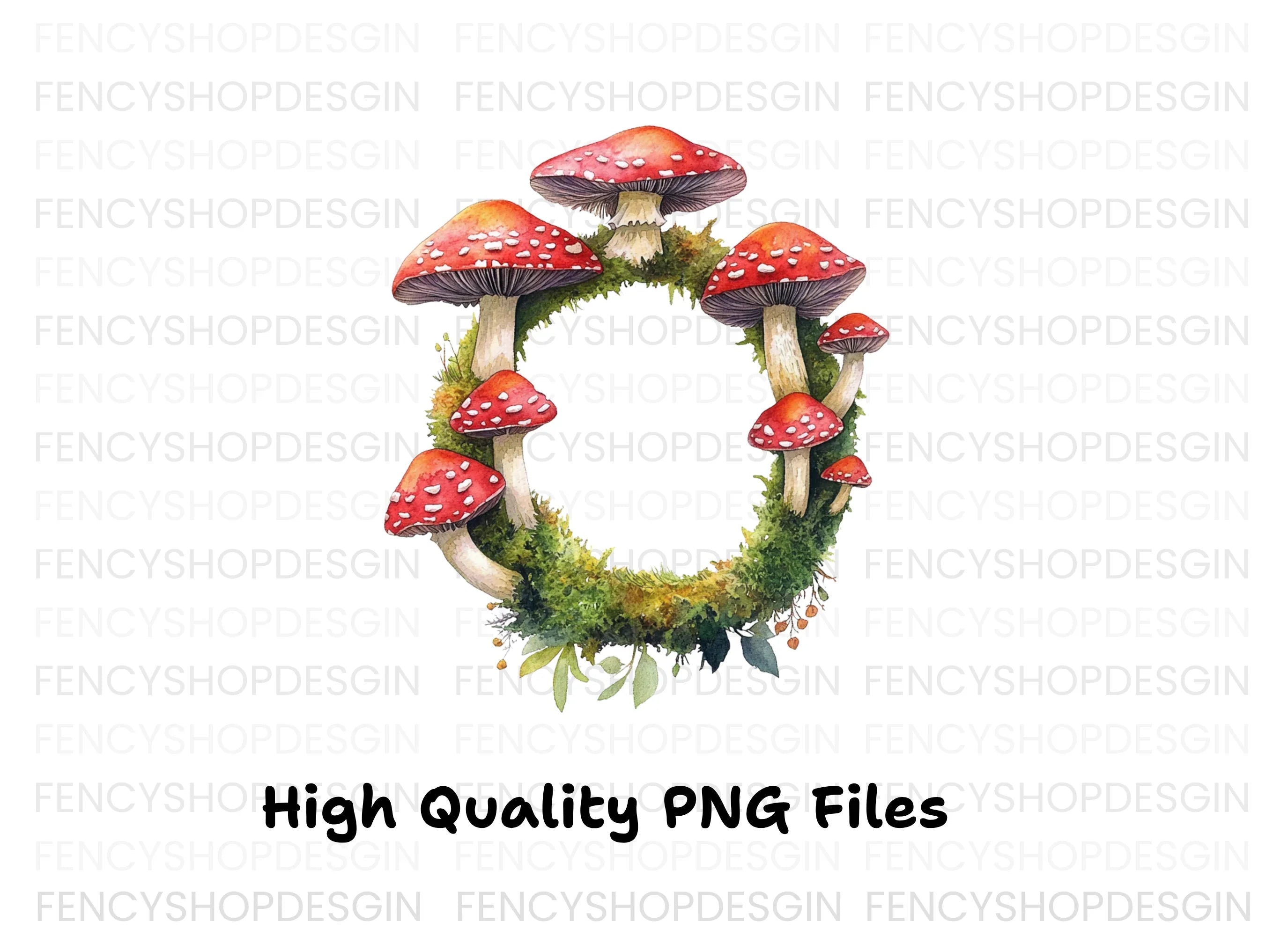 Amanita Mushroom Mossy Wreath Clipart Bundle