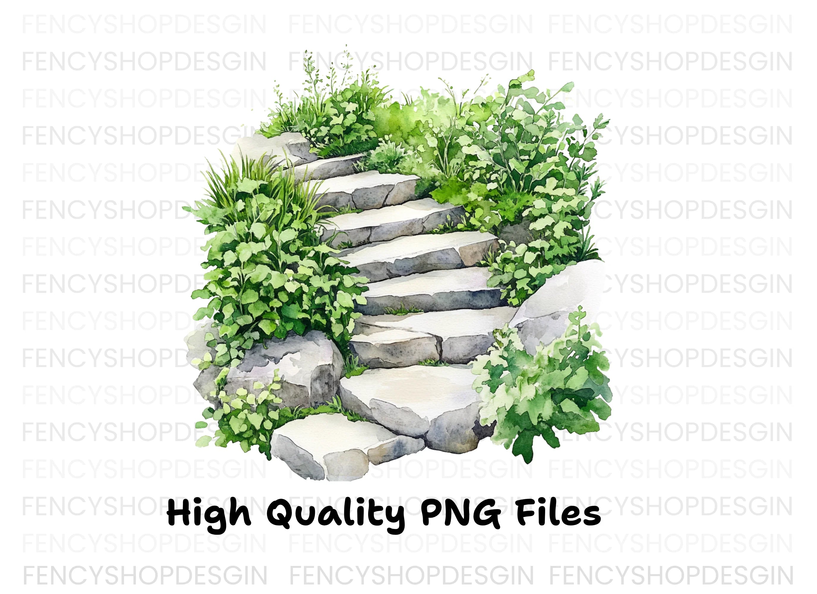 Stone Steps with Lush Greenery Clipart Bundle
