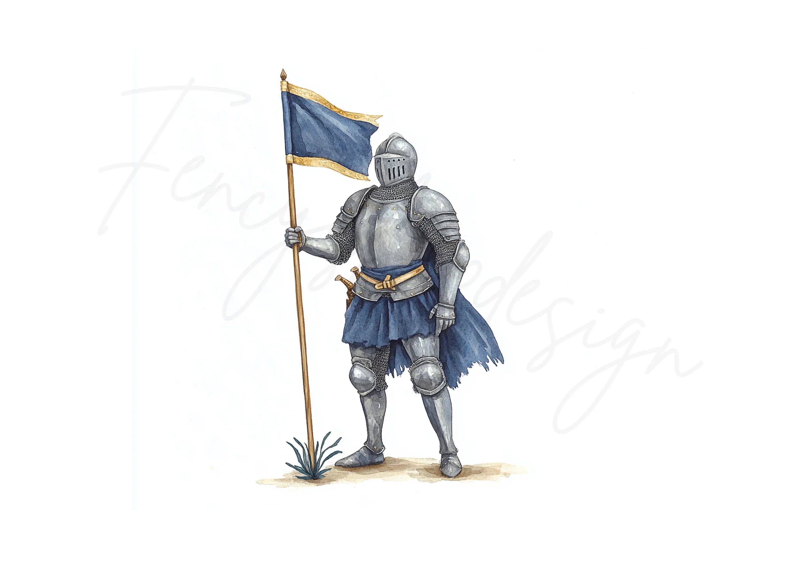 Medieval Knights with Blue Flags Clipart Bundle