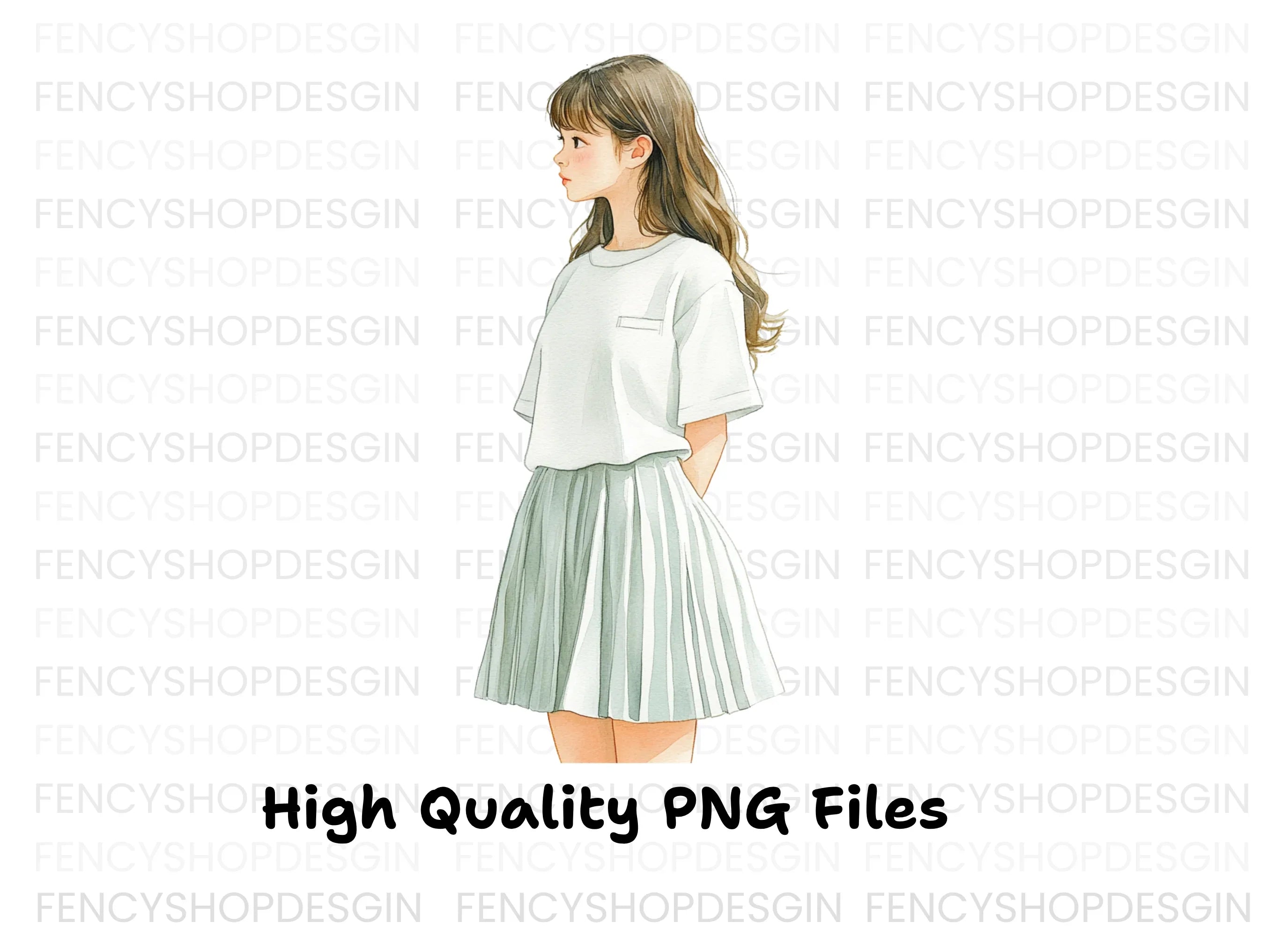 Cute Anime Girl in Pleated Skirt Clipart Bundle