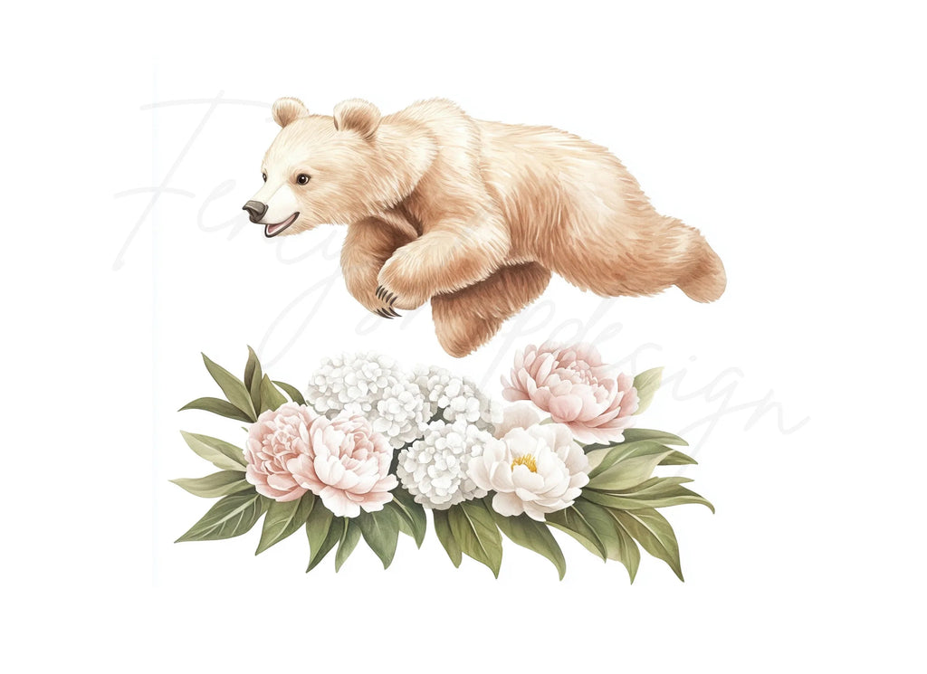 Playful Bear Cubs with Peony Flowers Clipart Bundle