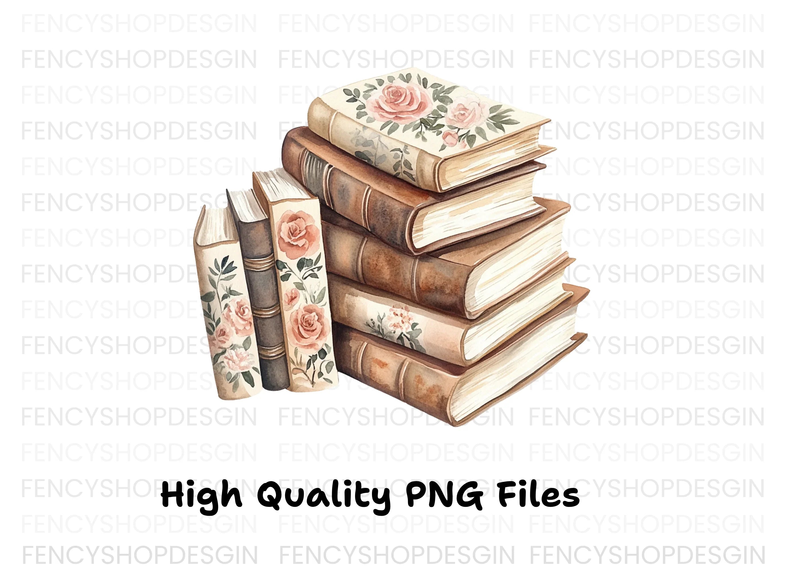 Stacked Books with Roses Clipart Bundle