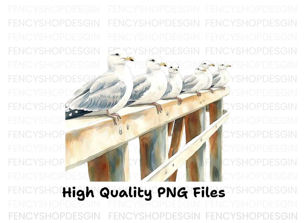 Flock of Seagulls on Railing Clipart Bundle