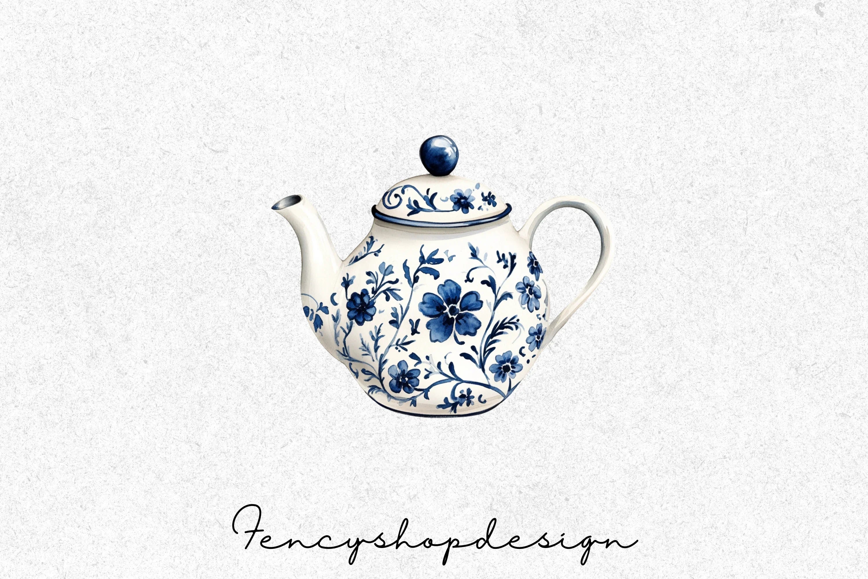 Blue White Floral Teapot Clipart Bundle