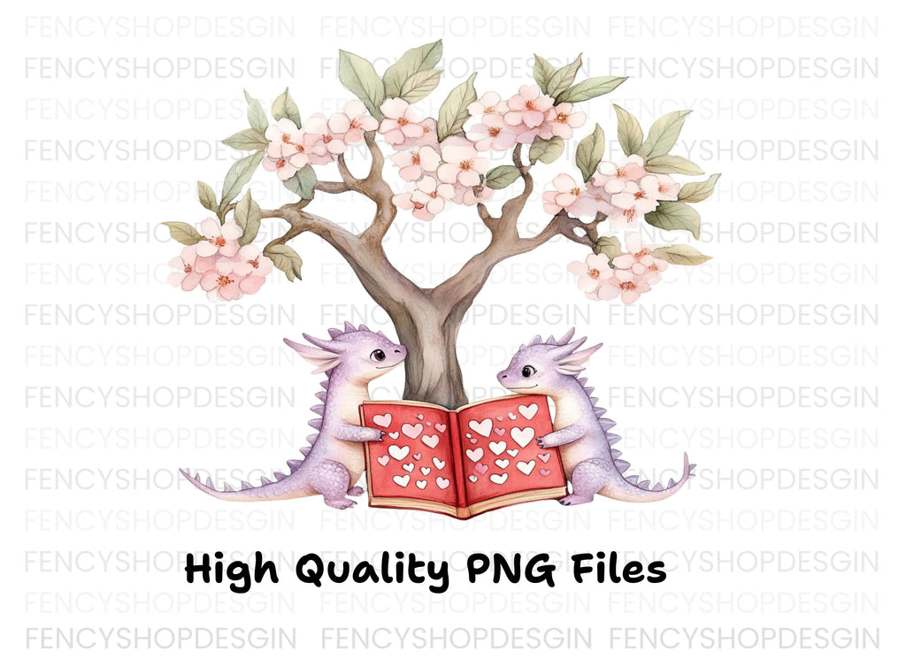 Cute Dragons Reading Under Cherry Tree Clipart Bundle