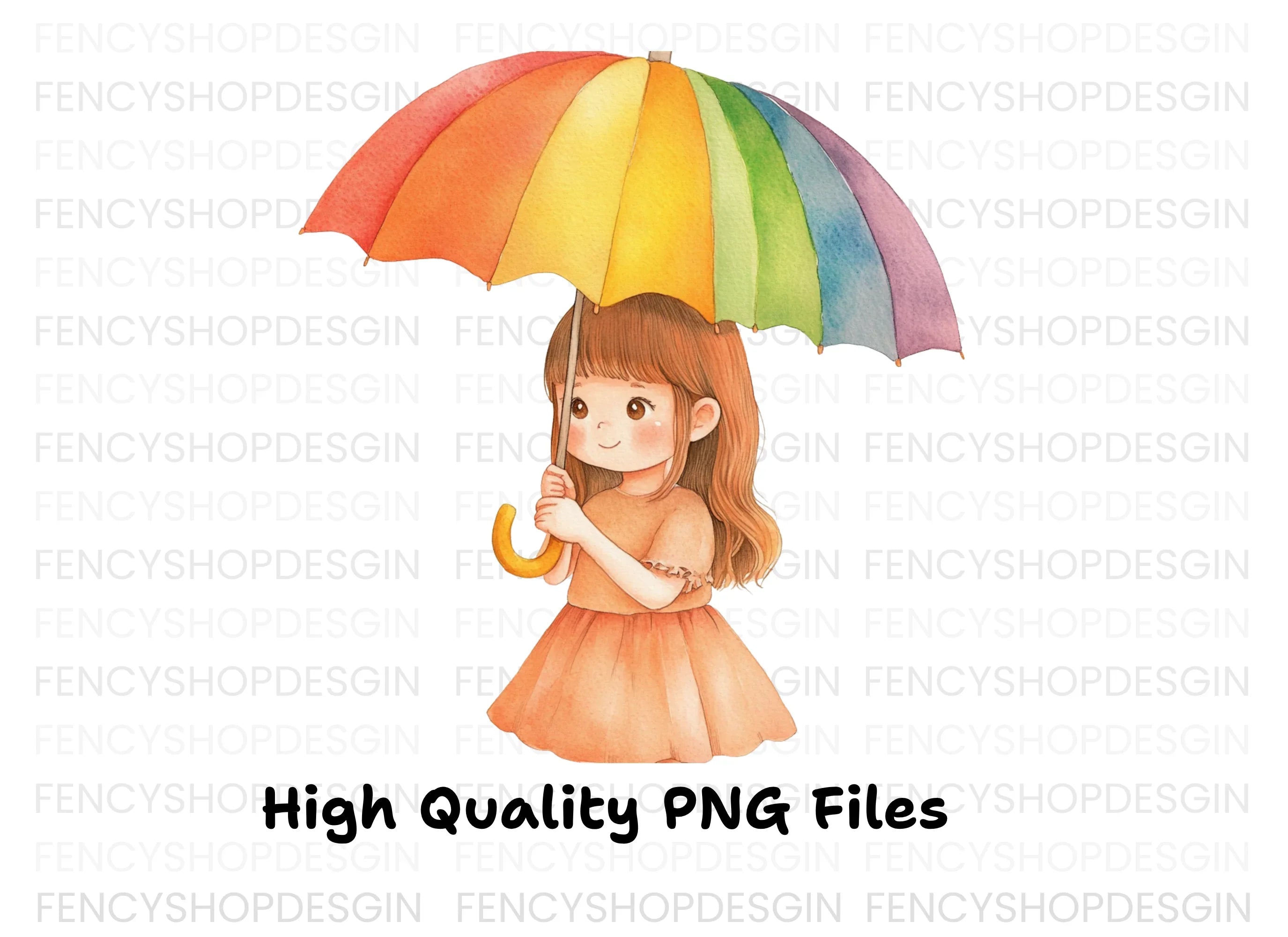 Cute Girl with Rainbow Umbrella Clipart Bundle