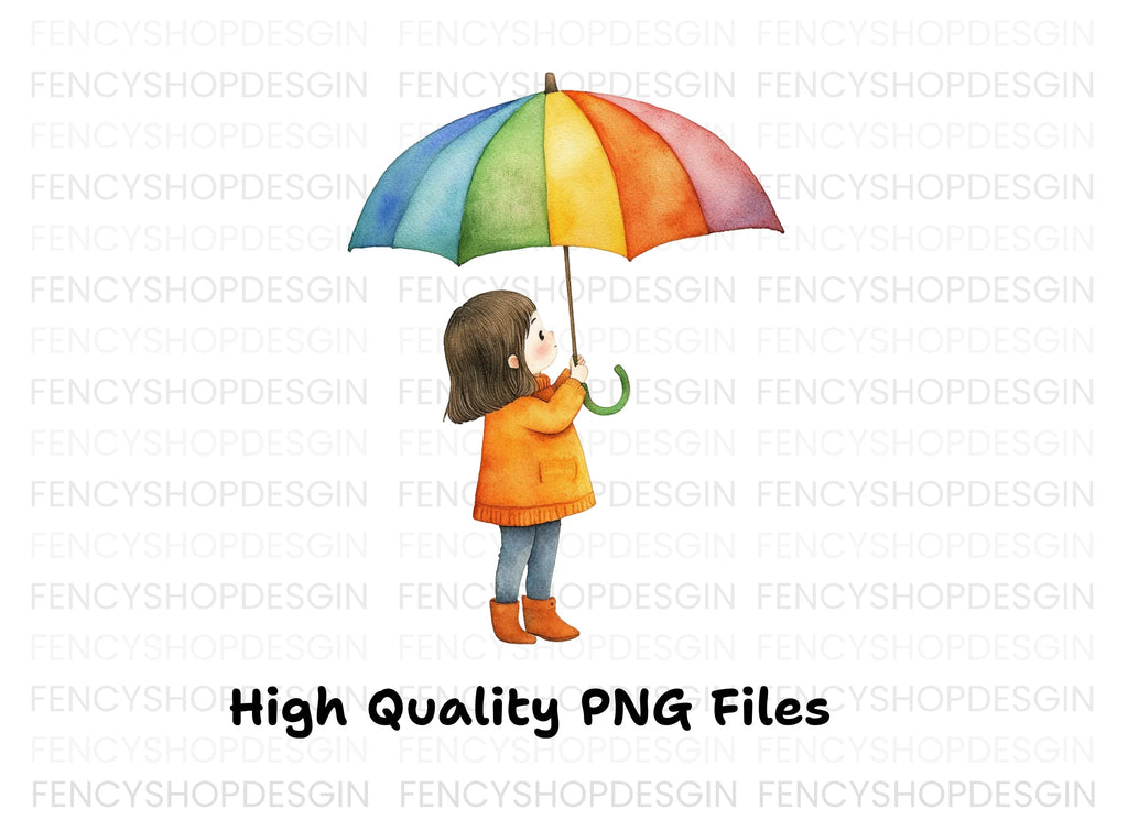 Girl with Rainbow Umbrella Clipart Bundle