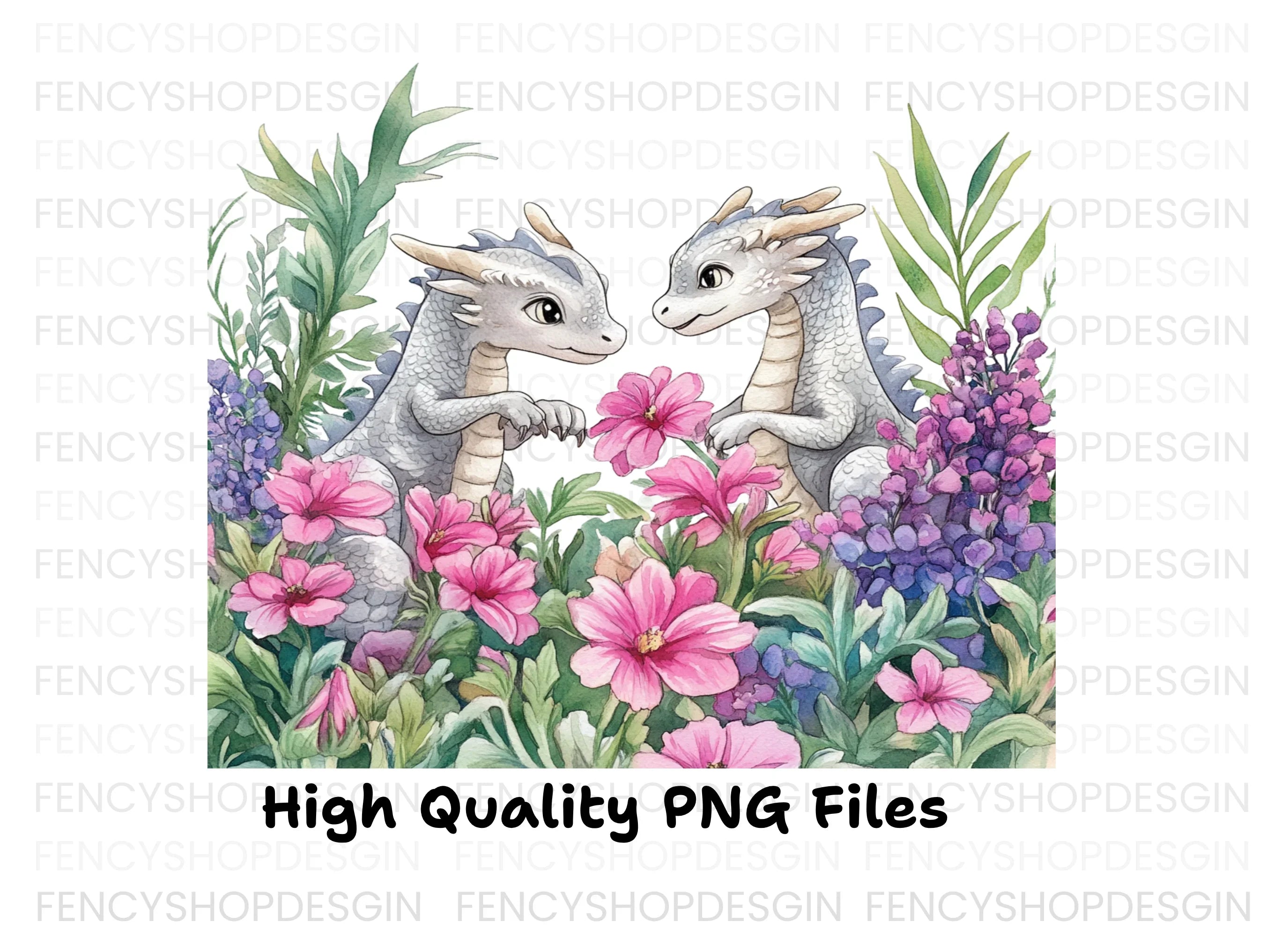 Cute Baby Dragons in Flower Garden Clipart Bundle