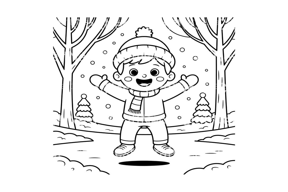 Happy Boy in Winter Forest Coloring Books