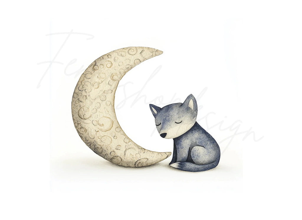 Cute Baby Wolf on Moon Clipart Bundle