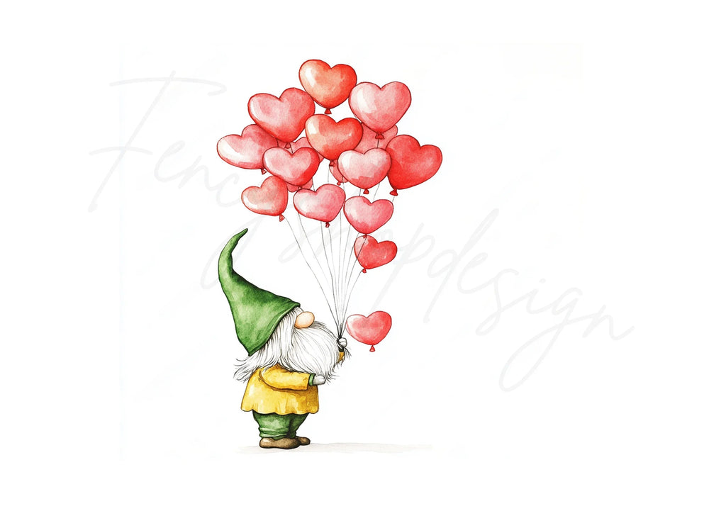 Cute Gnomes Holding Heart Balloons Clipart Bundle