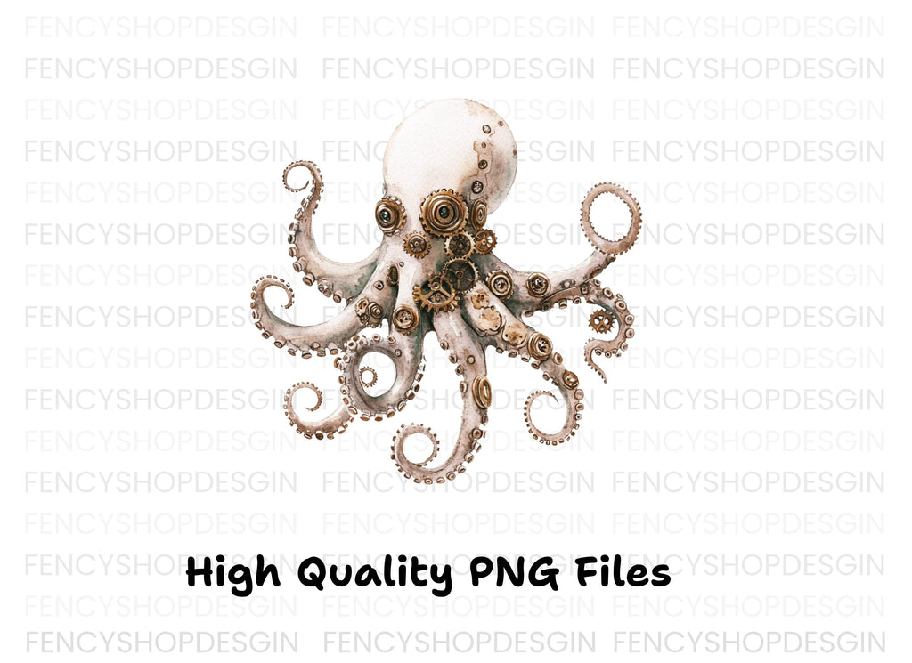 White Steampunk Octopus Clipart Bundle