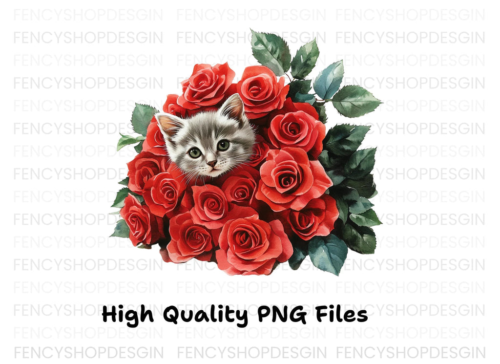 Cute Kitten and Red Roses Clipart Bundle