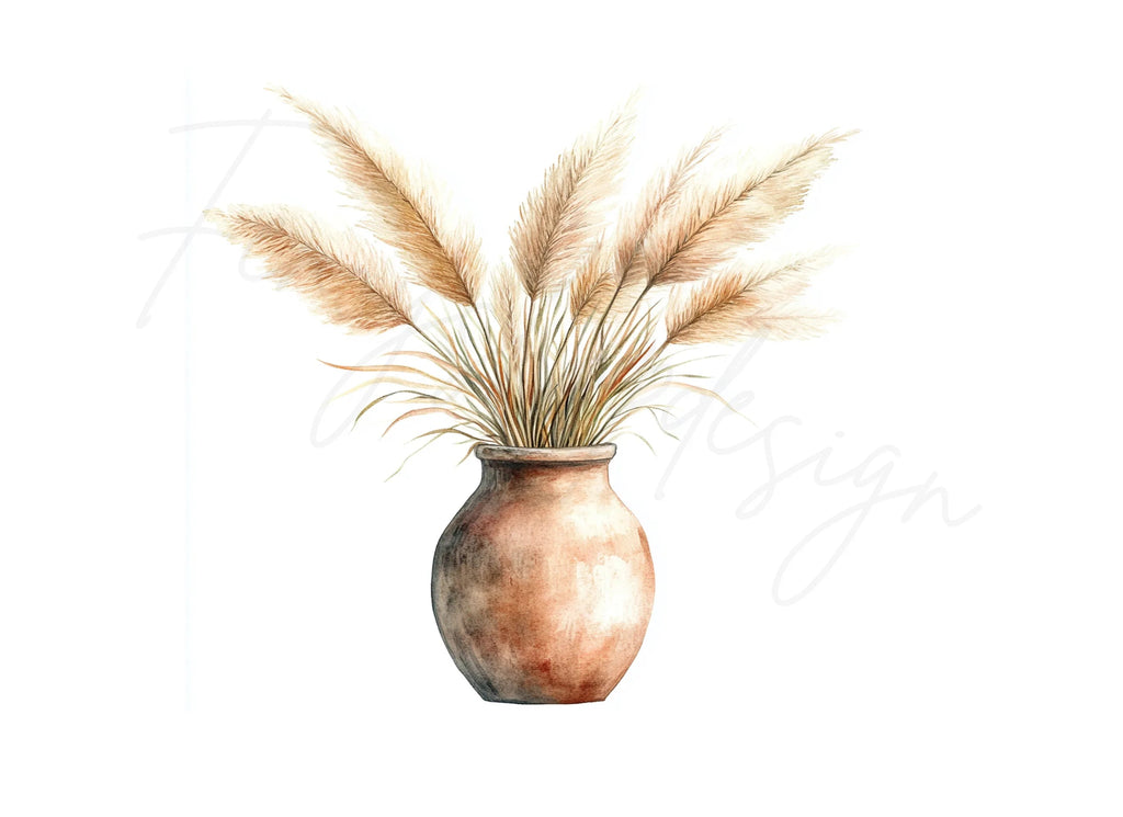 Pampas Grass in Terracotta Vase Clipart Bundle