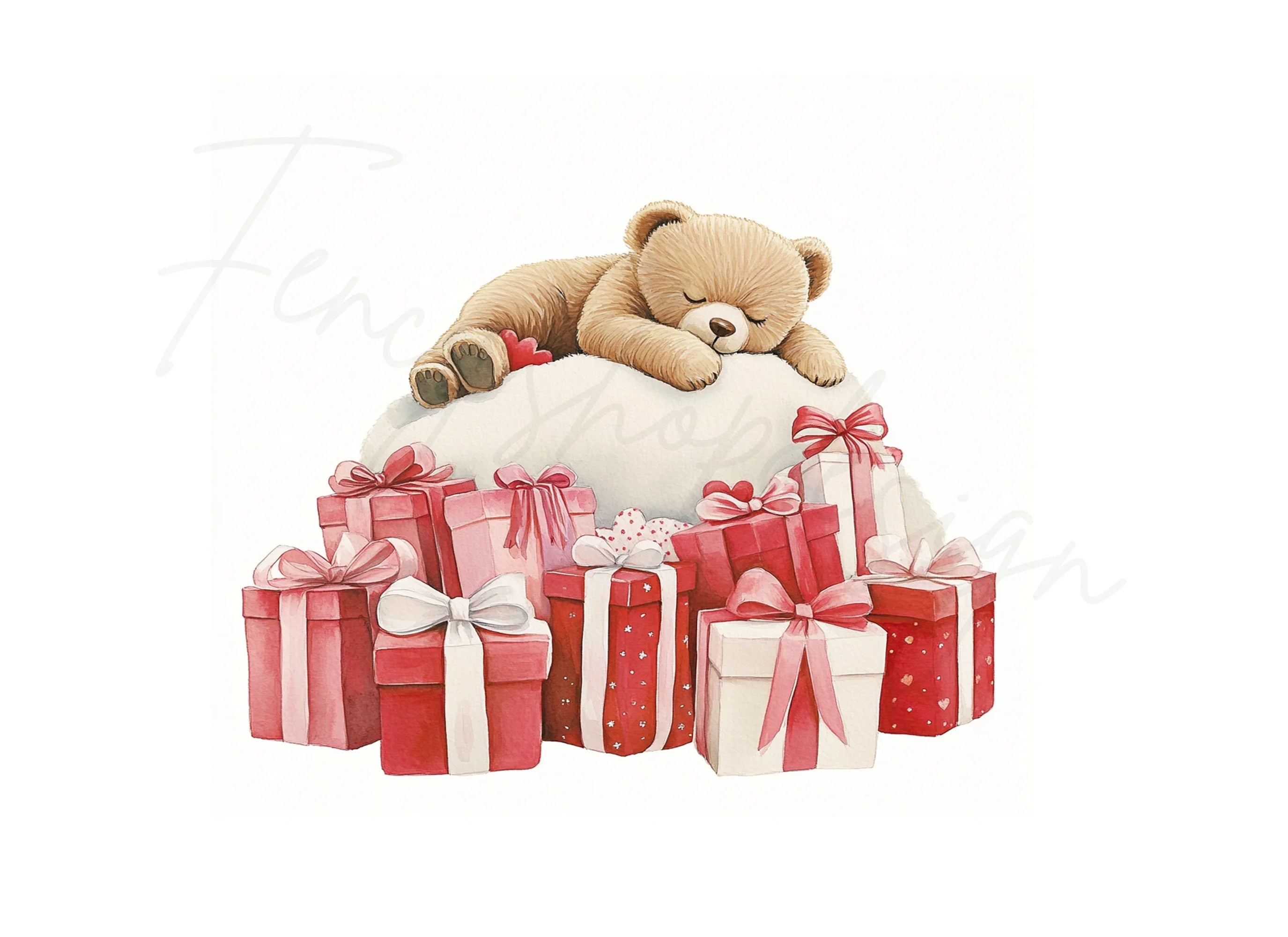 Sleeping Teddy Bear on Gift Pile Clipart Bundle