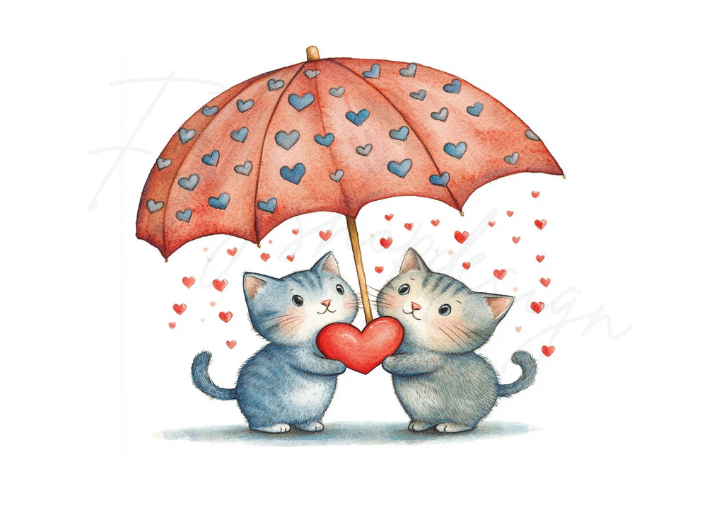 Kitten Couple Under Umbrella Clipart Bundle