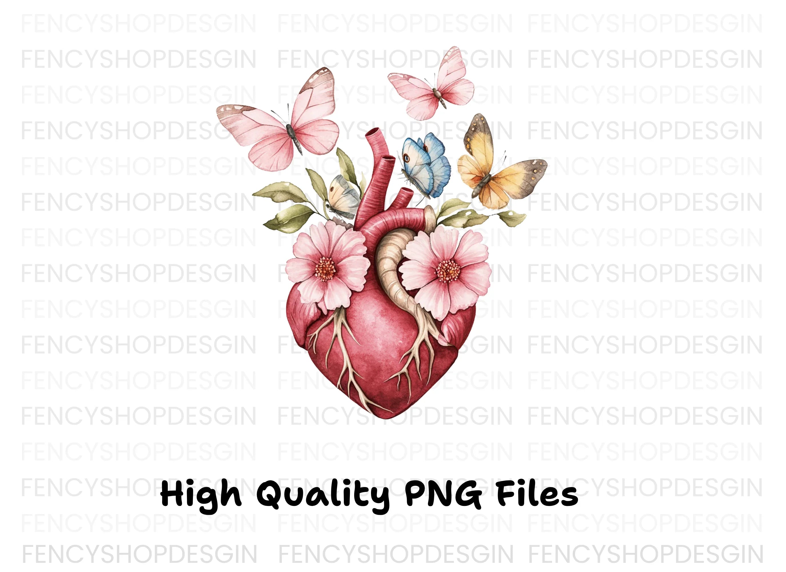 Anatomical Heart with Butterflies Clipart Bundle