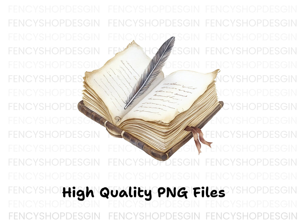Vintage Open Book and Quill Clipart Bundle