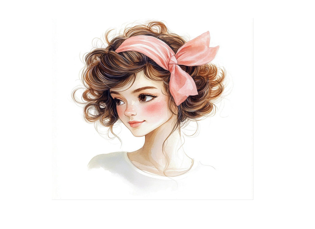 Cute Curly Haired Girl with Pink Bow Clipart Bundle