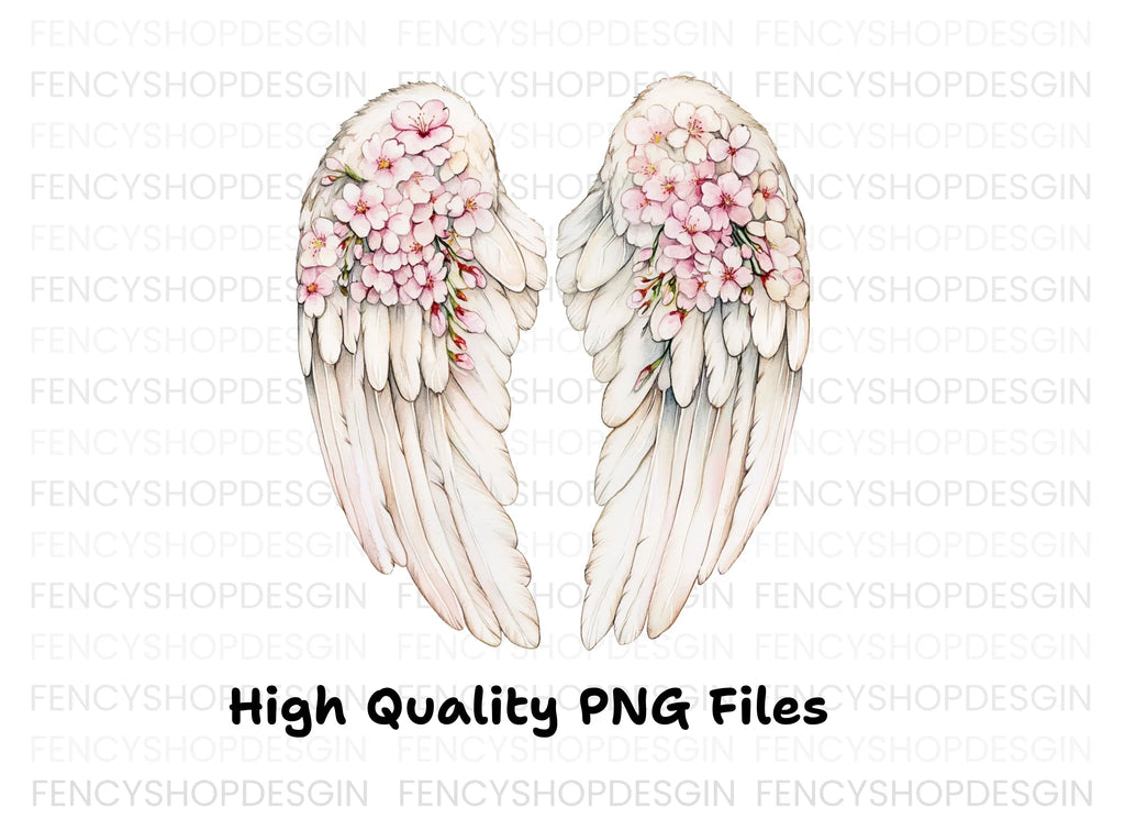 Angel Wings with Pink Flowers Clipart Bundle