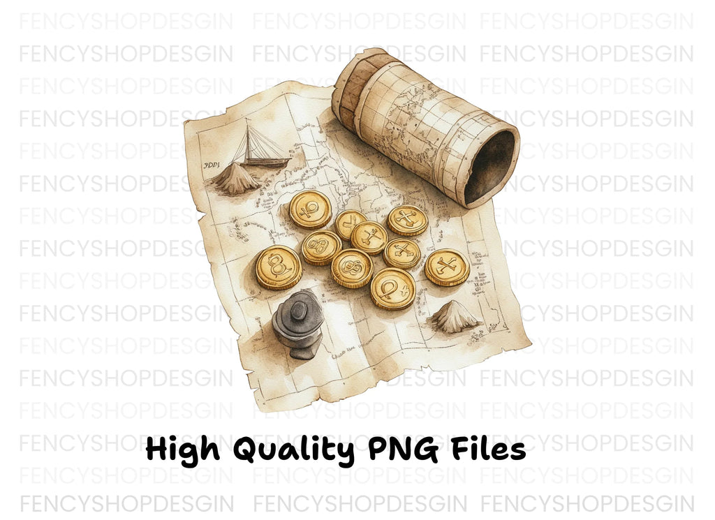 Rolled Map and Coins Clipart Bundle