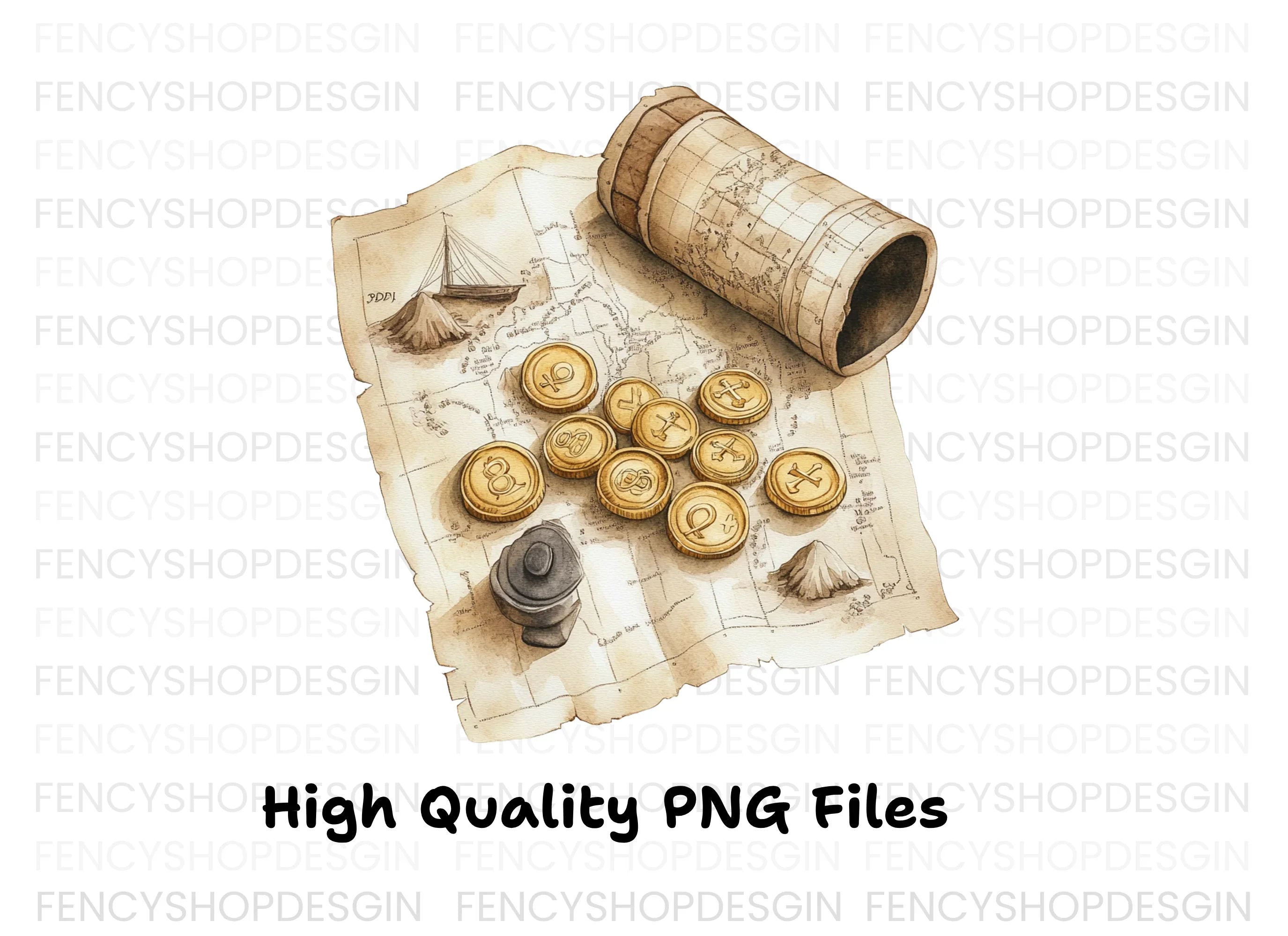 Rolled Map and Coins Clipart Bundle