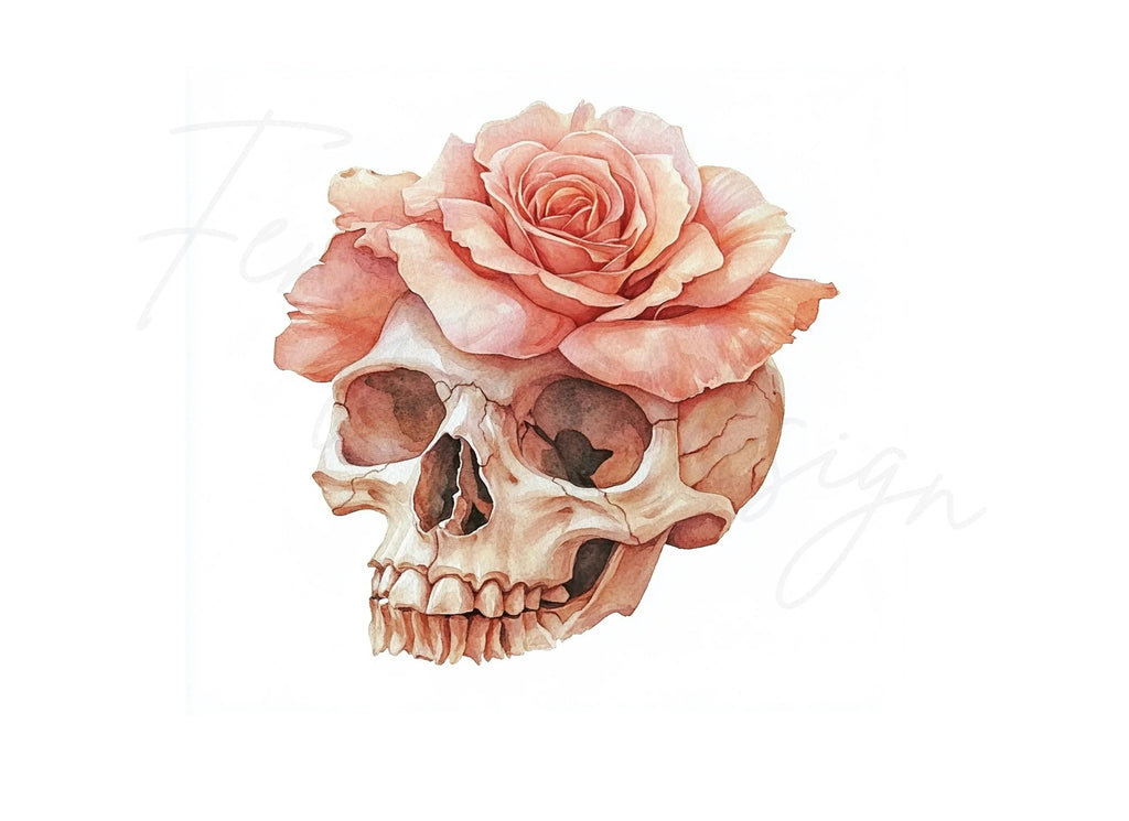 Skulls with Pink Roses Clipart Bundle