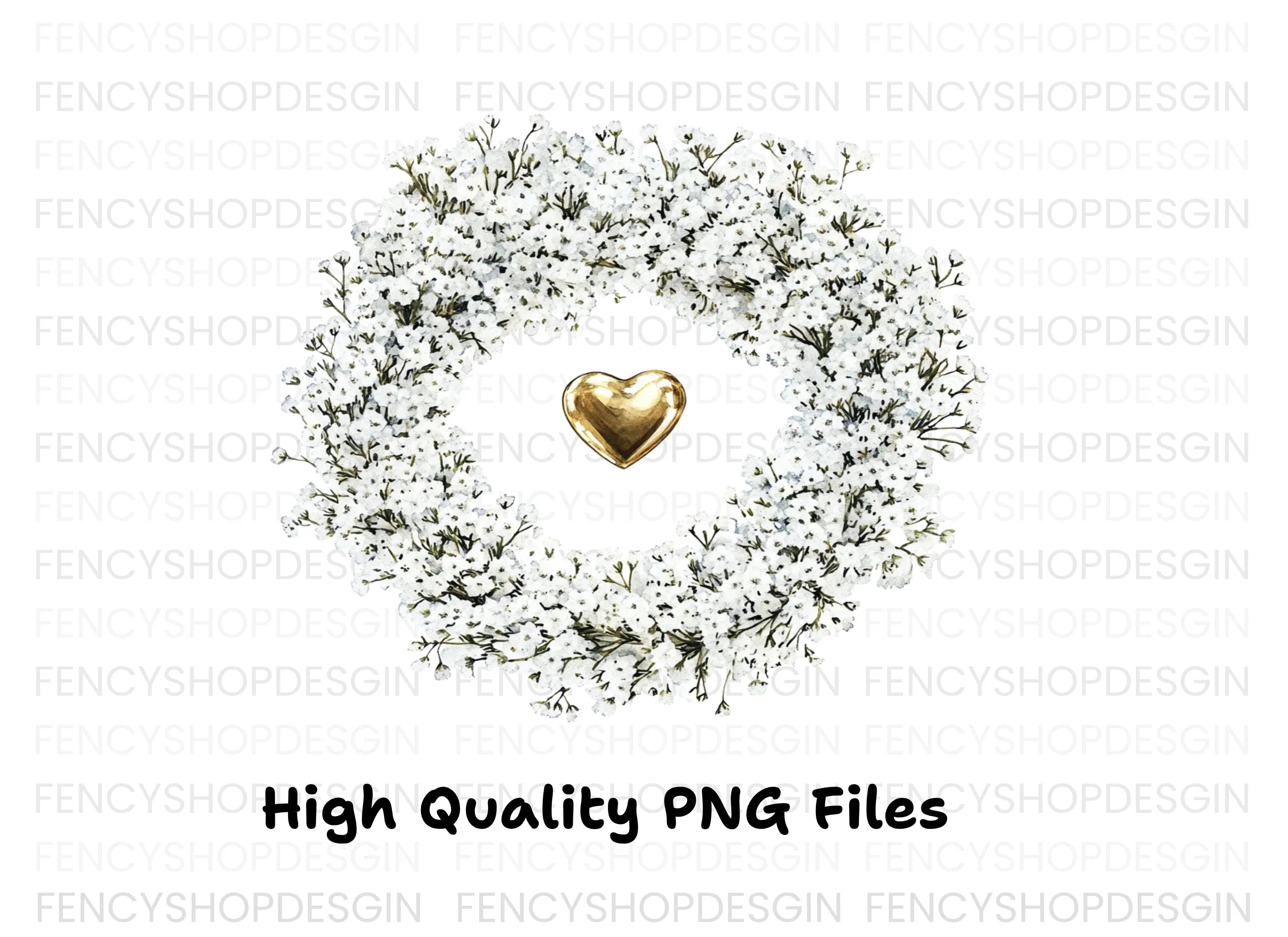 Baby Breath Wreath Gold Heart Clipart Bundle