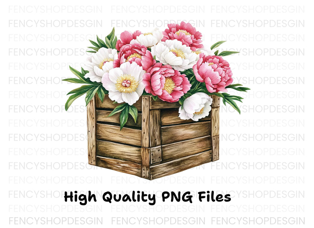 Peony Bouquets in Rustic Wooden Crates Clipart Bundle