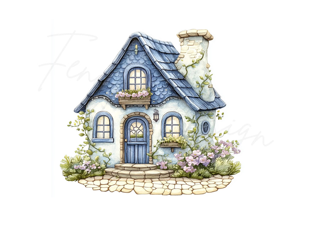 Charming Blue Roof Cottage Clipart Bundle
