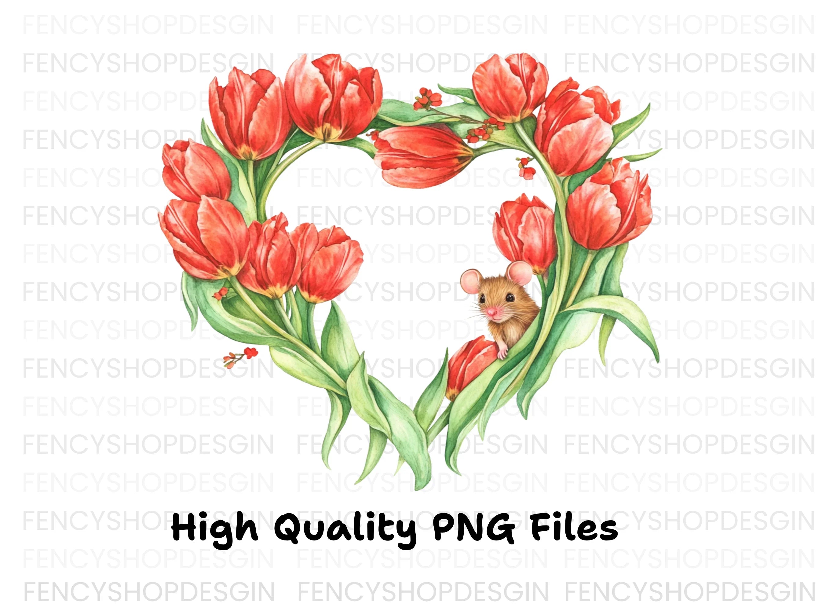 Tulip Heart with Cute Mouse Clipart Bundle