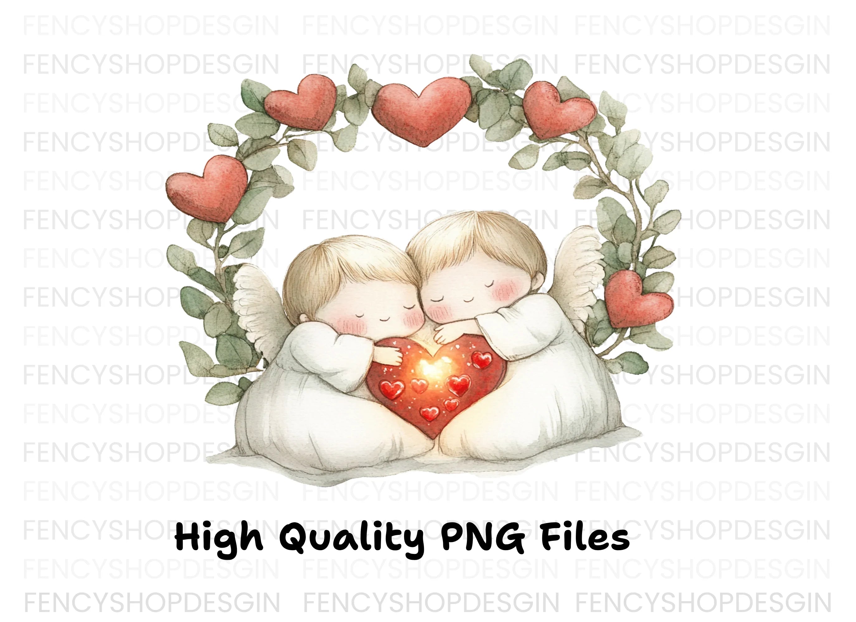 Cute Angel Couple with Heart Wreath Clipart Bundle