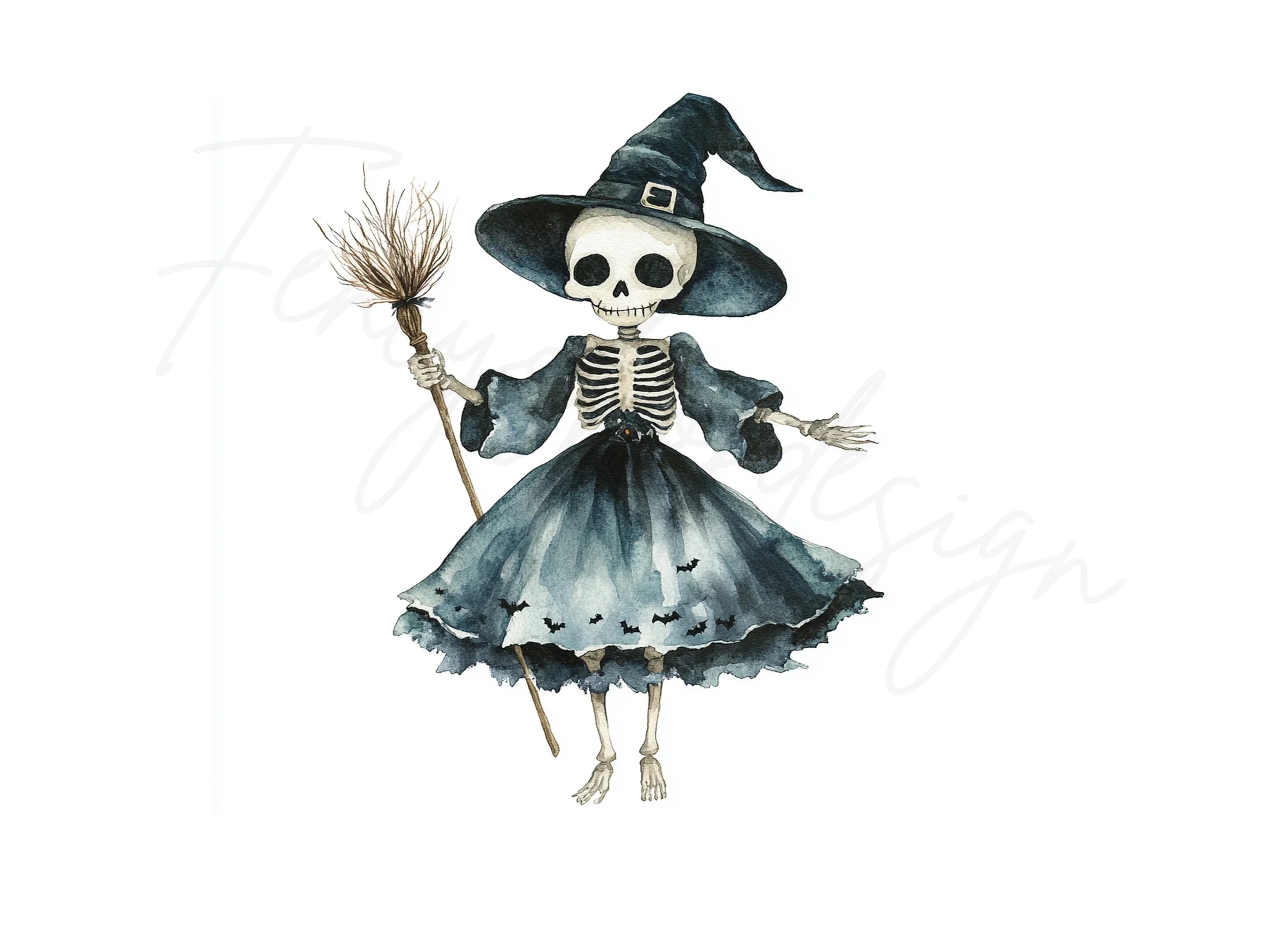 Cute Skeleton Witch with Broom Clipart Bundle