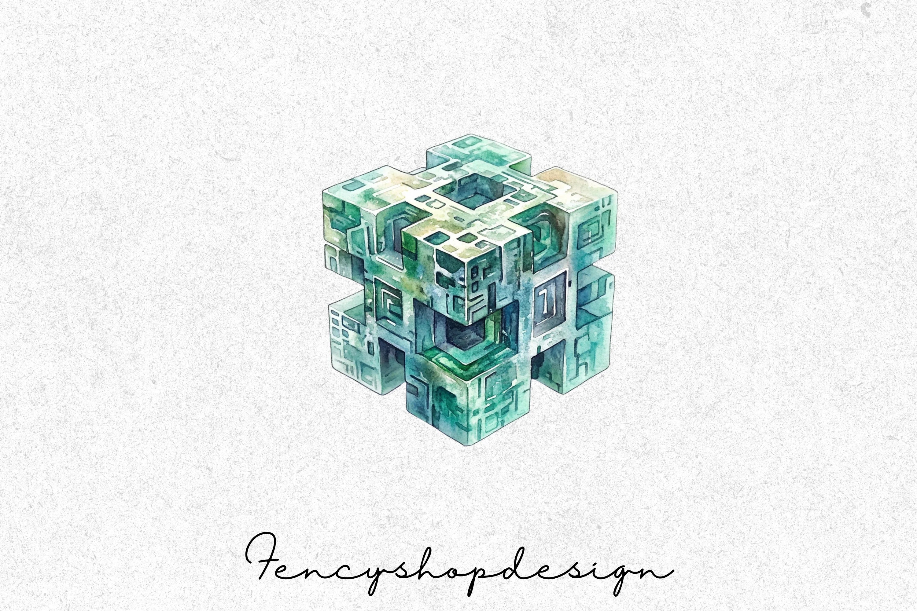 Abstract Blue Green Geometric Cubes Clipart Bundle