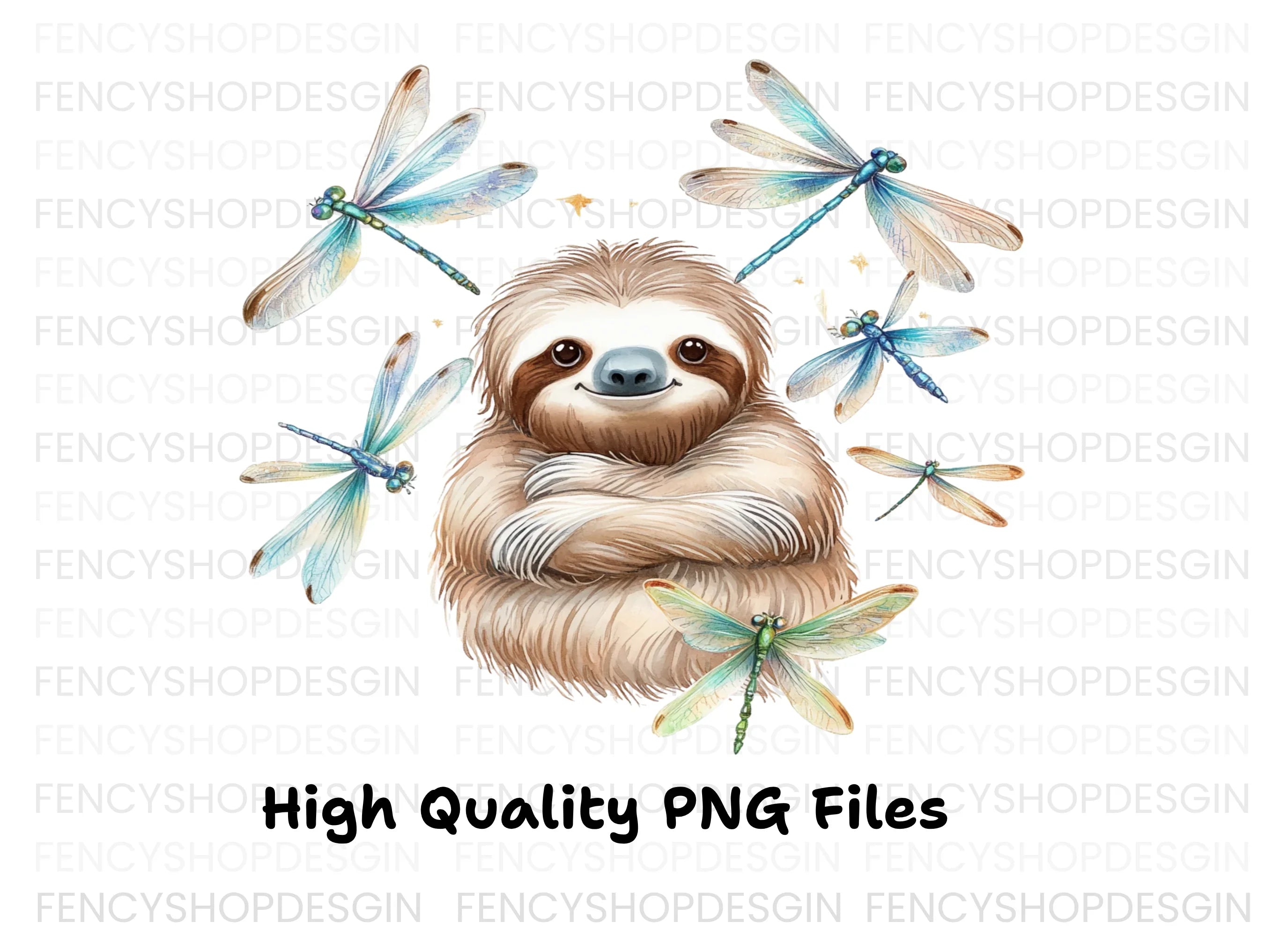Happy Sloth with Dragonflies Clipart Bundle