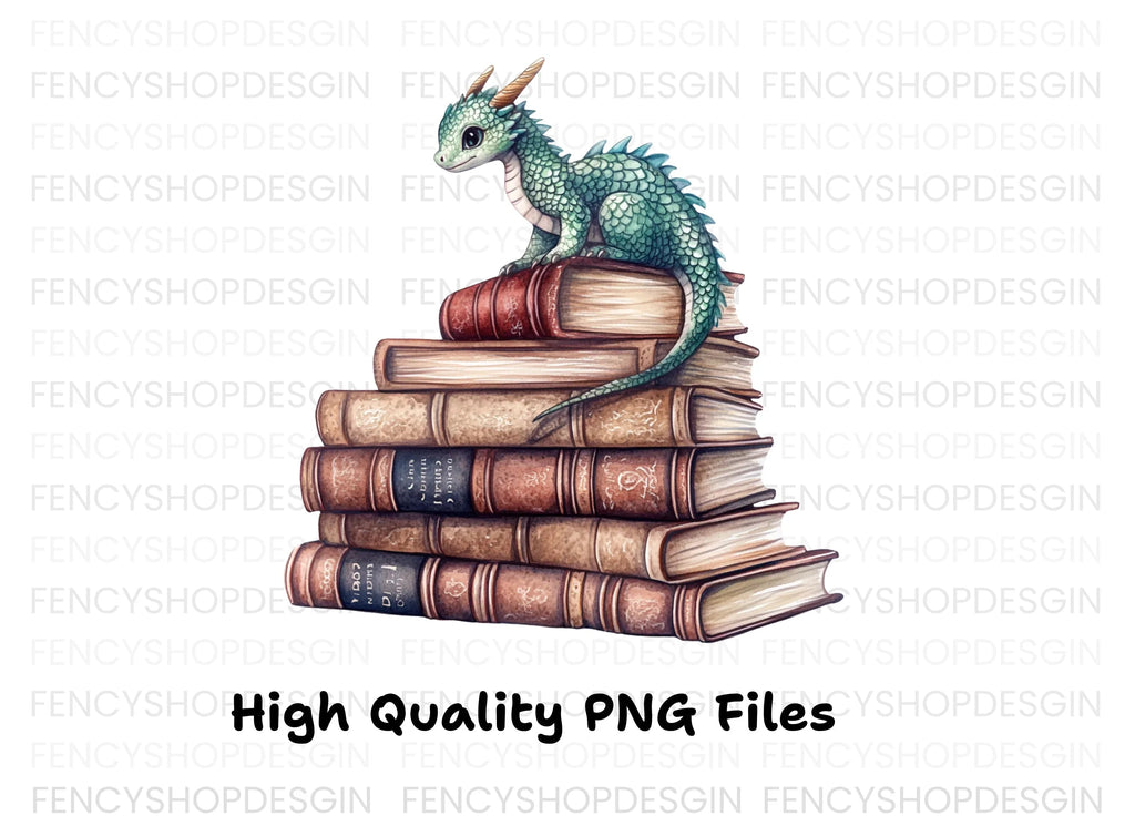 Cute Baby Dragon on Books Clipart Bundle