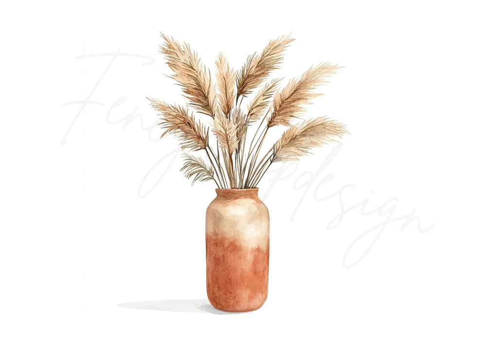 Boho Pampas Grass in Clay Pot Clipart Bundle