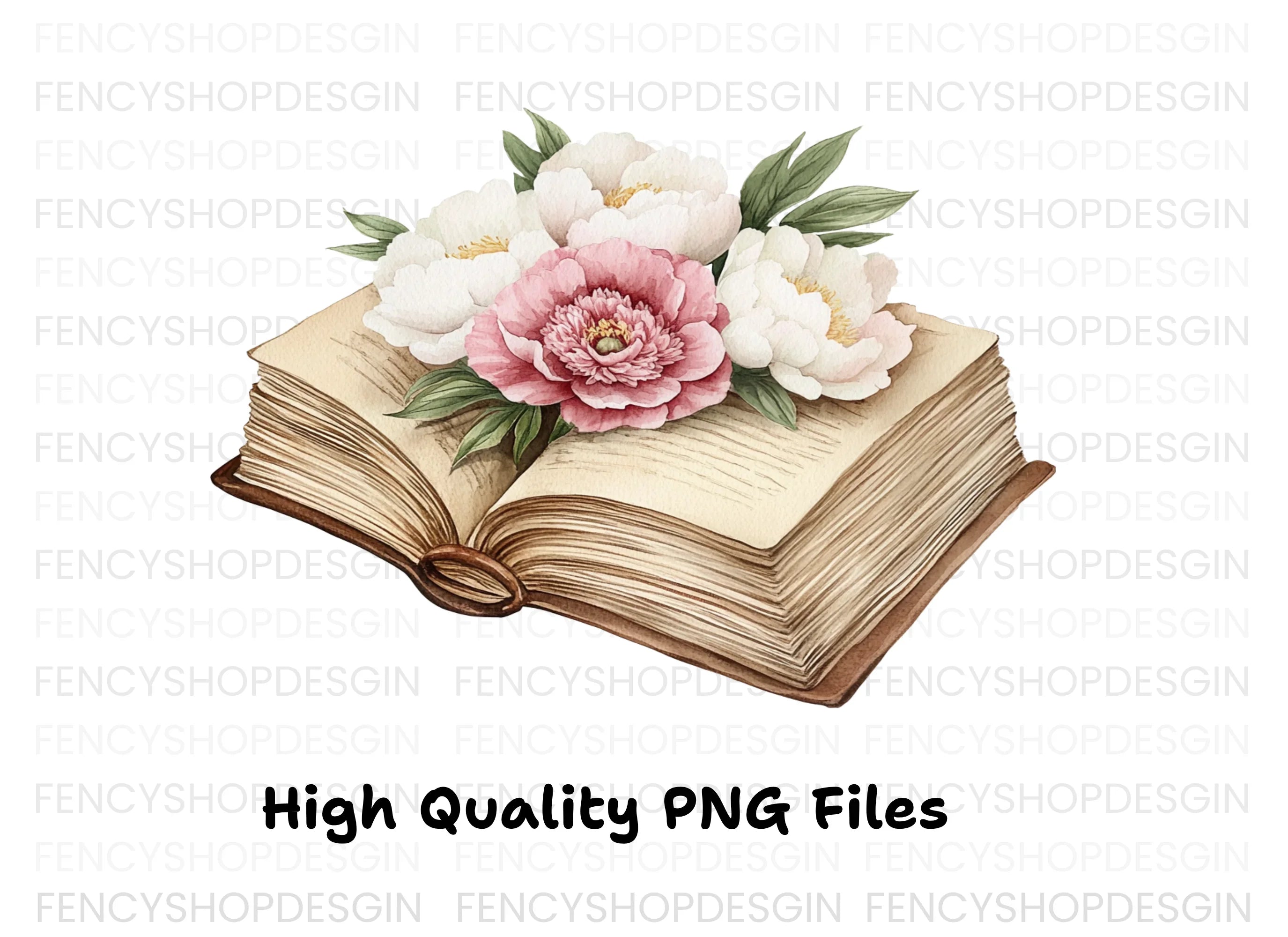 Vintage Books and Peony Flowers Clipart Bundle