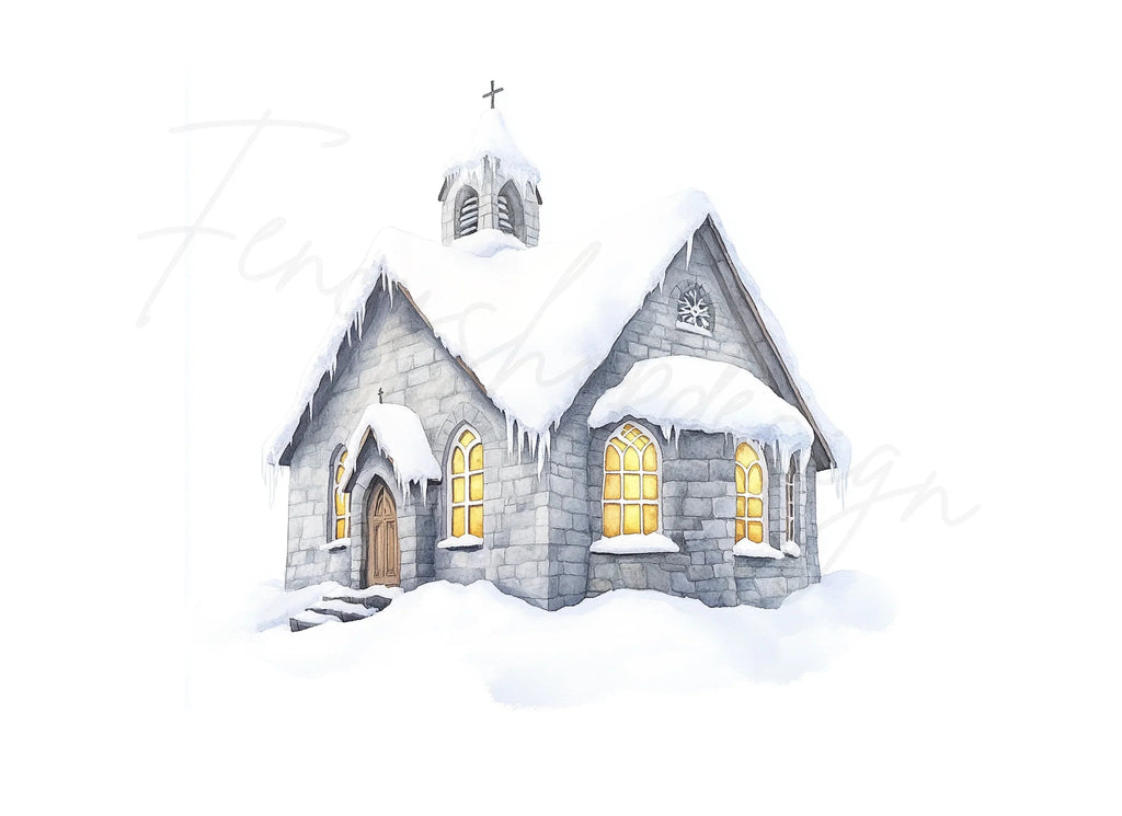 Snow Covered Stone Churches Clipart Bundle