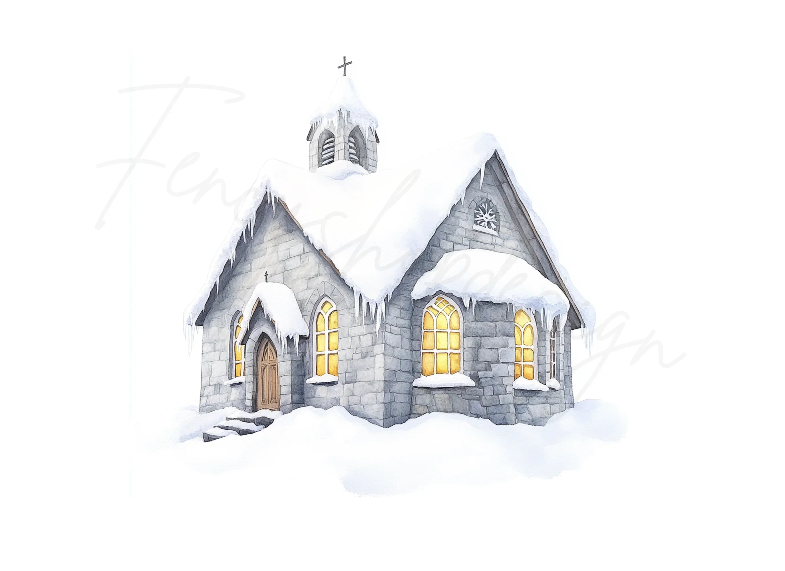 Snow Covered Stone Churches Clipart Bundle