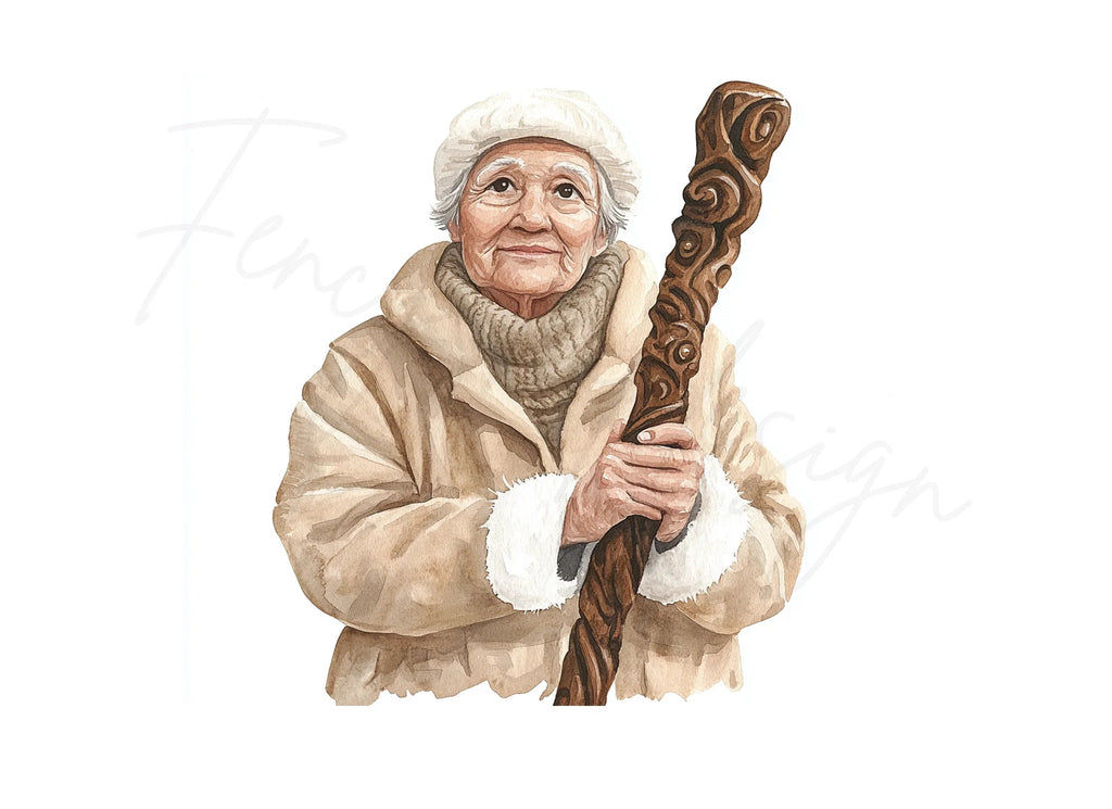 Elderly Woman with Carved Staff Clipart Bundle