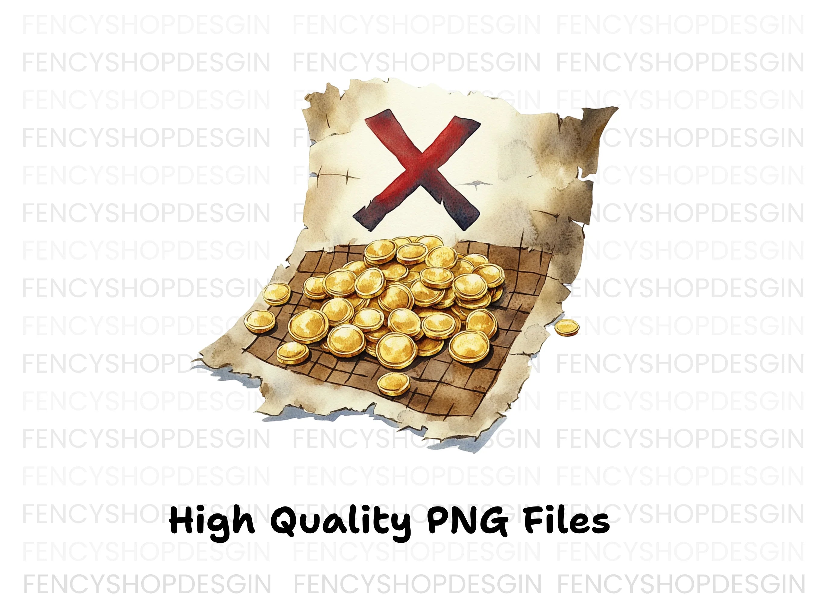 Pirate Treasure Map and Gold Coins Clipart Bundle