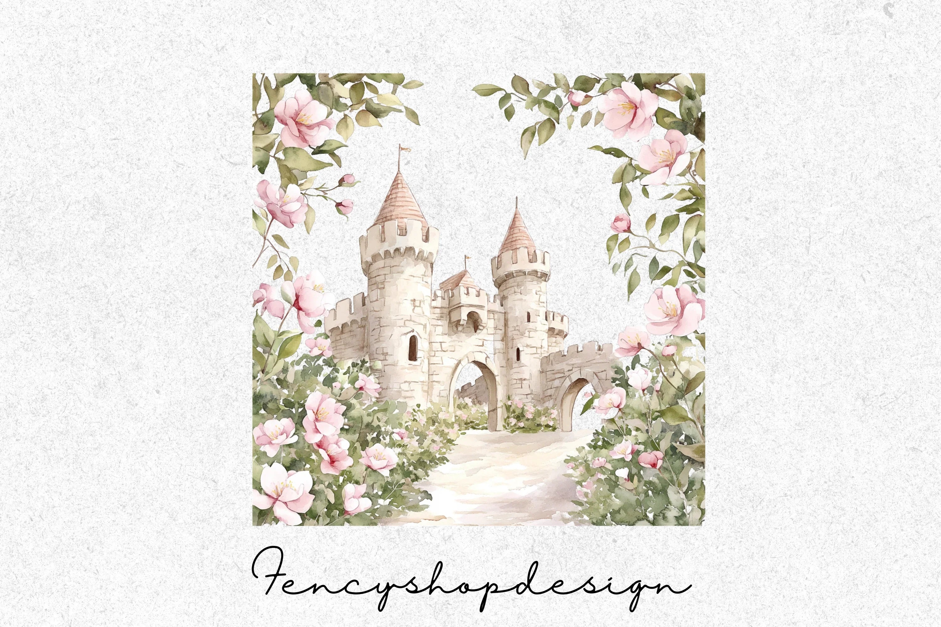 Fairytale Castle Pink Roses Clipart Bundle