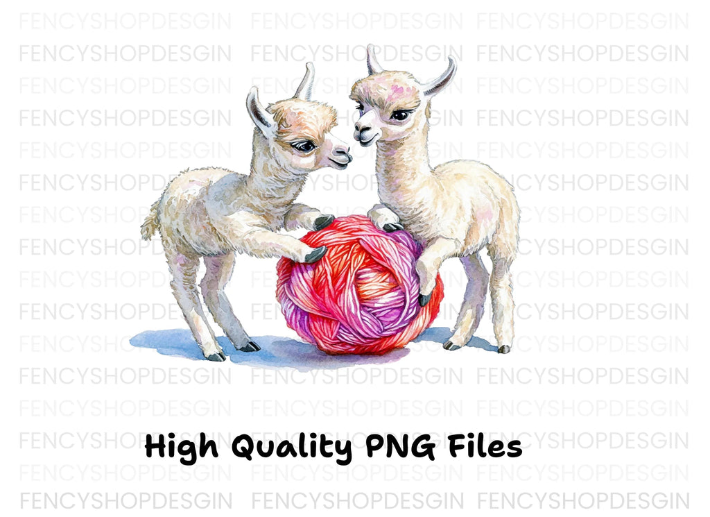 Cute Baby Llamas Playing With Yarn Clipart Bundle